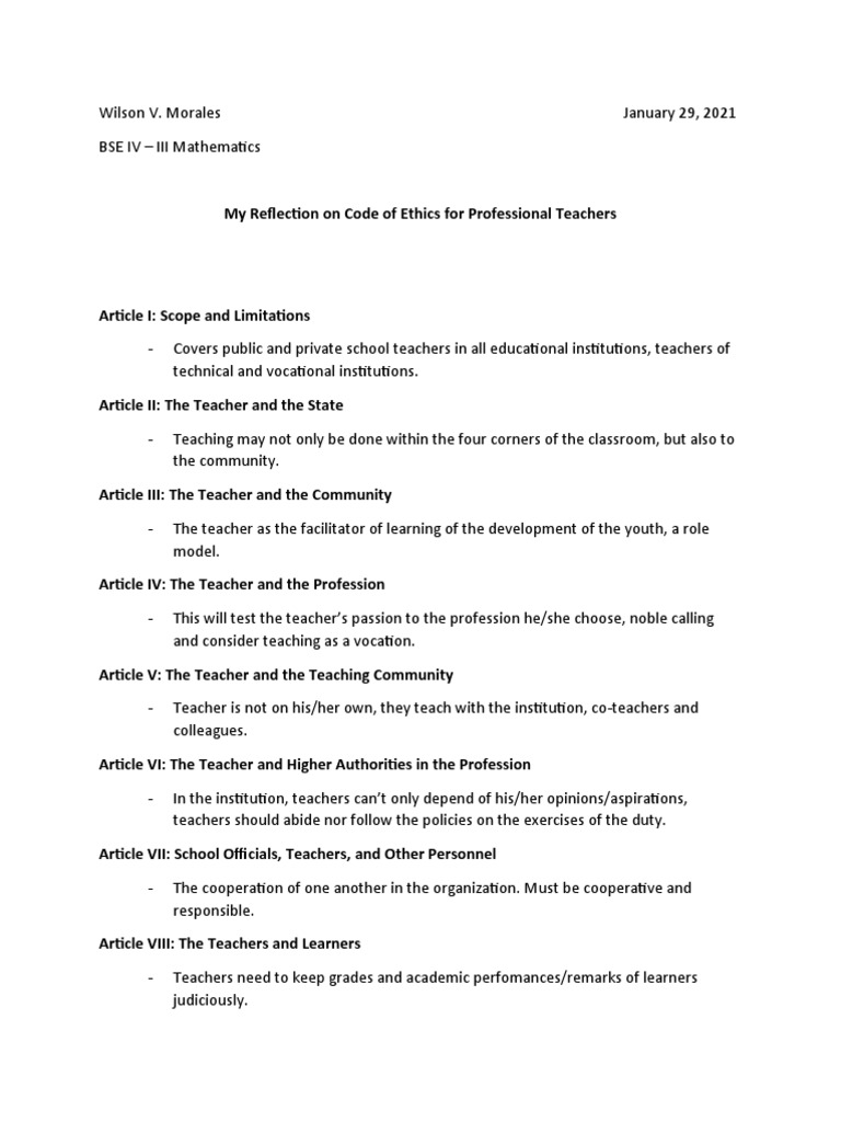 Reflection on Teachers' Code of Ethics | PDF | Teachers | Social ...