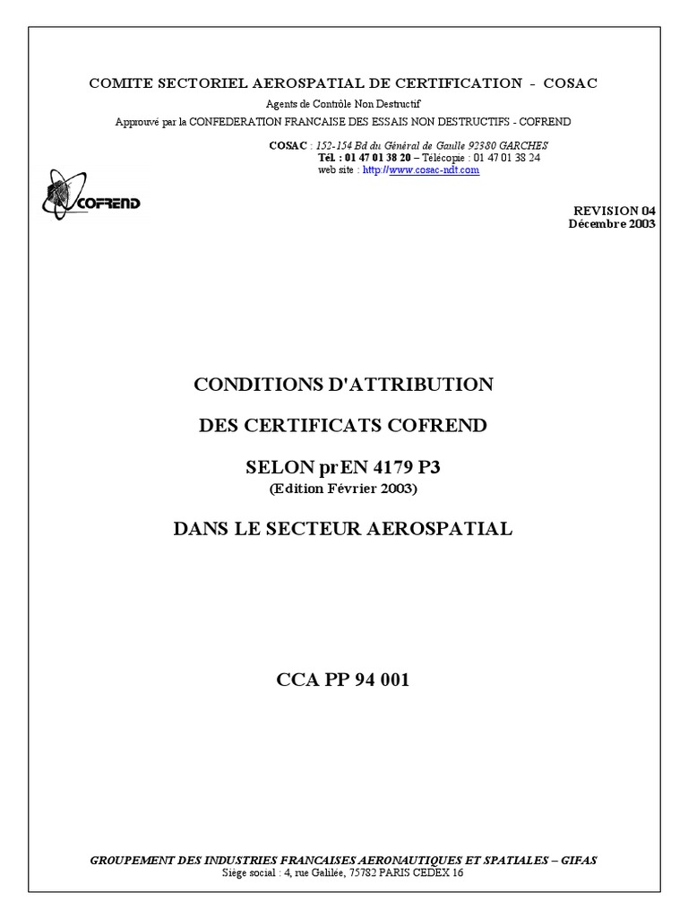 Certification COFREND selon prEN 4179 | PDF | Contrôle non destructif ...