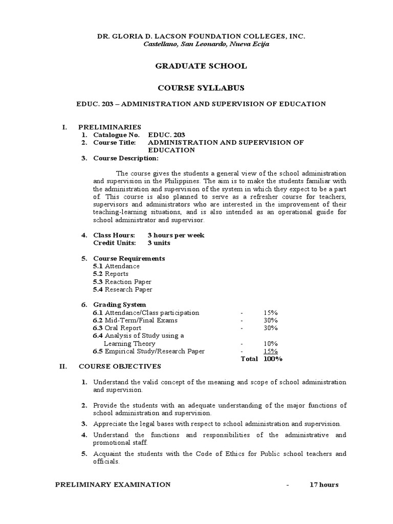 School Administration and Supervision Syllabus | PDF | Schools | Classroom