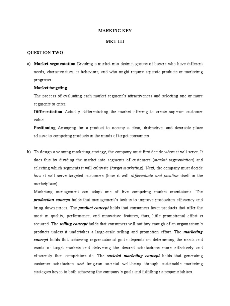 MKT Exam Marking Key | PDF | Market Segmentation | Marketing
