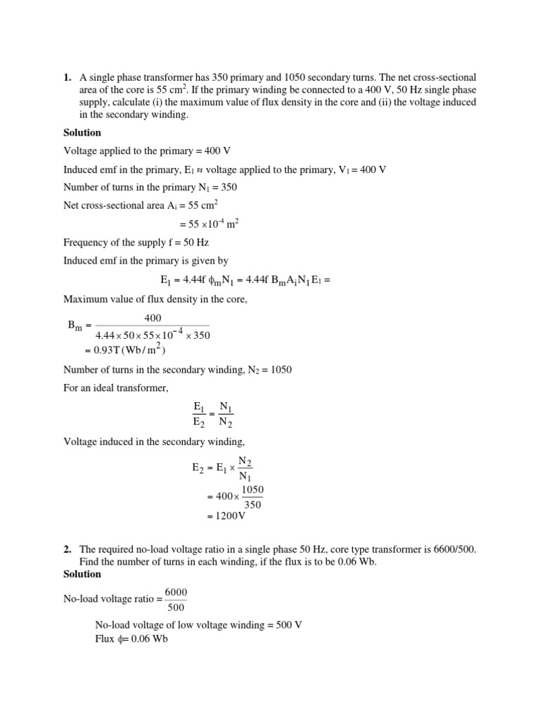 Single Phase Transformer Calculations | PDF | Transformer | Electrical ...