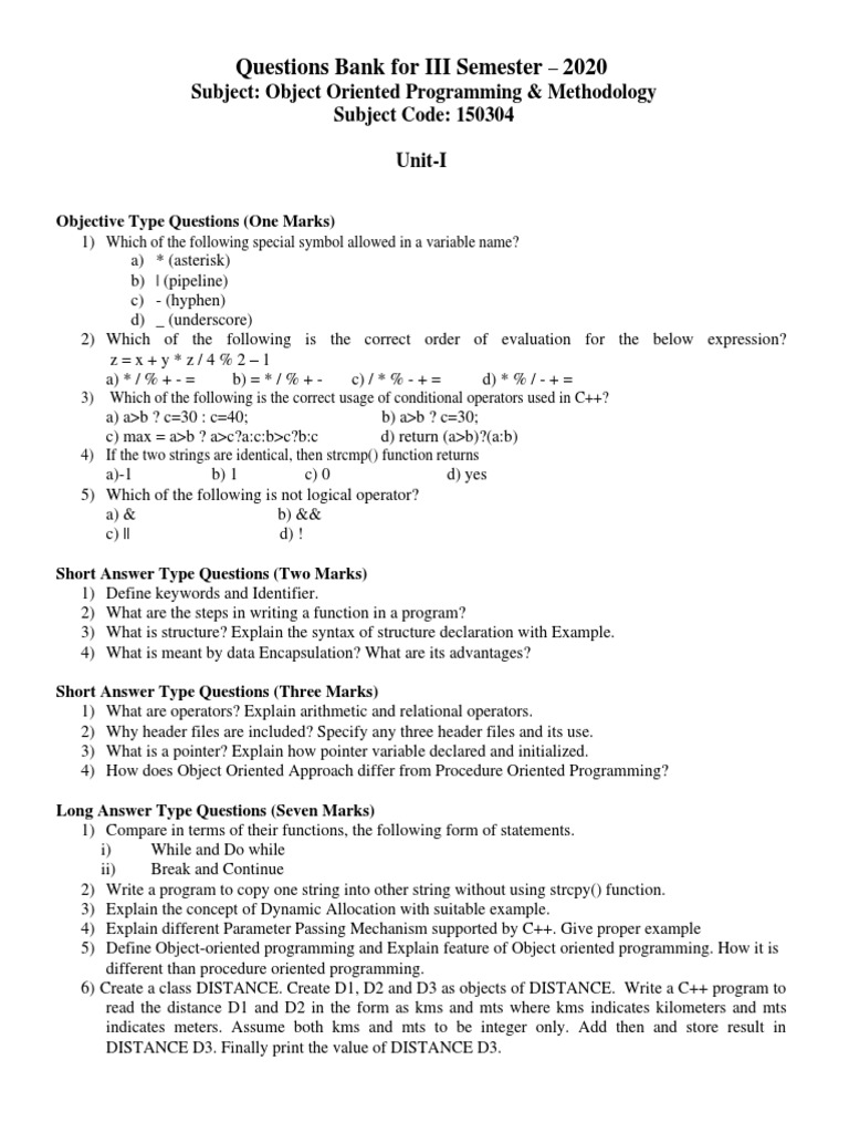 Questions Bank For III Semester 2020: - Subject: Object Oriented ...