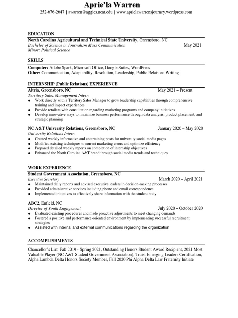 NCAT Resume Warren A PDF Business Communication
