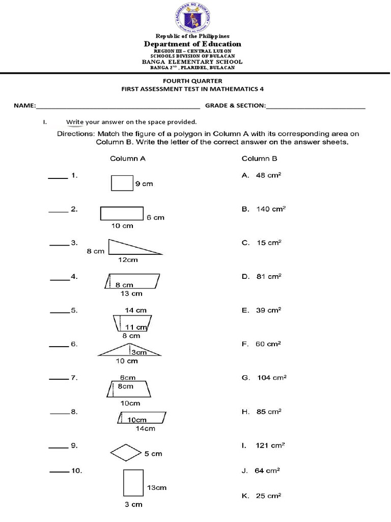 Math Assessment Test for Grade 4 | PDF