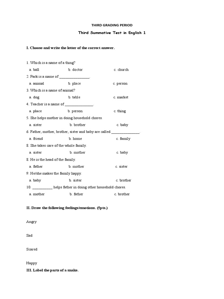 Third Grading Period Third Summative Test in English 1 | PDF