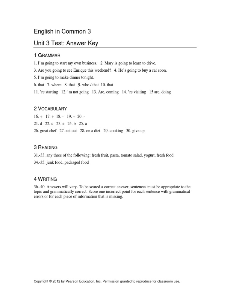 English in Common 3 Unit 3 Test: Answer Key | PDF