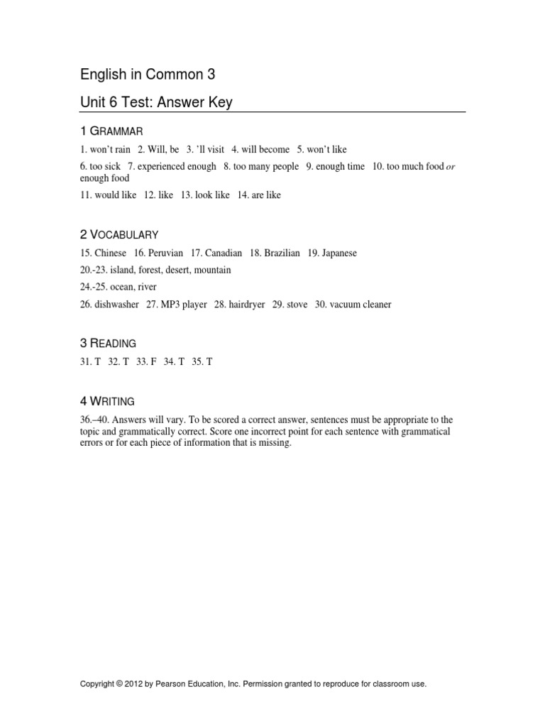 English in Common 3 Unit 6 Test: Answer Key | PDF