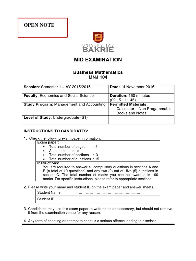 Uts Business Math 2015-2016 | PDF