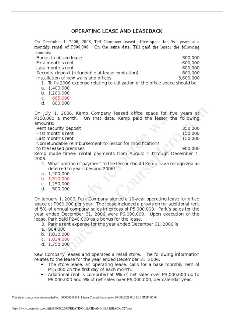 This Study Resource Was: Operating Lease and Leaseback | PDF | Lease ...