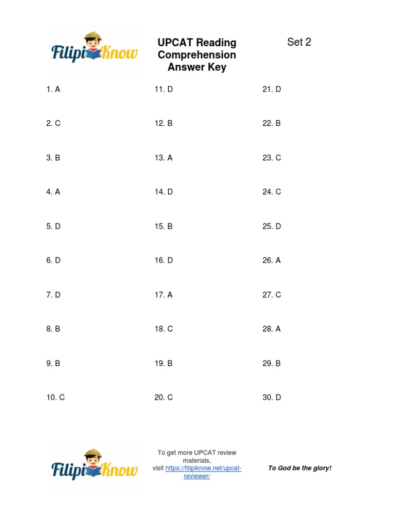 UPCAT Reading Comprehension Answer Key Set 2 PDF