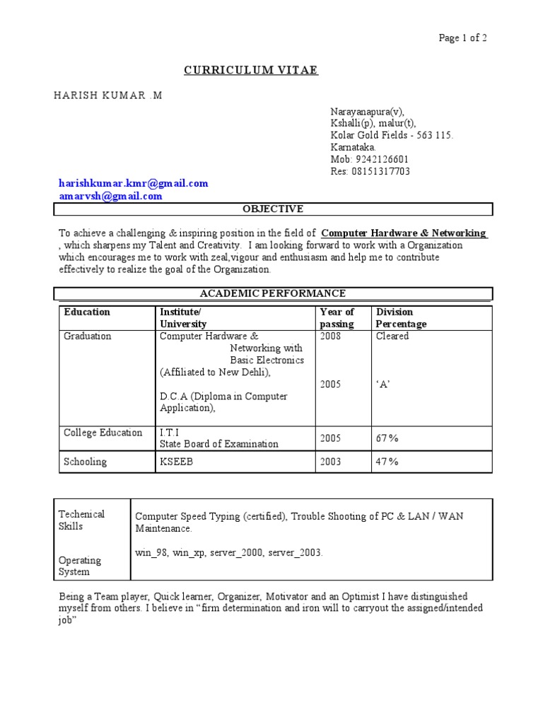 Computer hardware resume Computing Technology