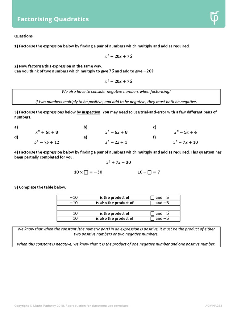 Factorising Quadratics: ACMNA233 | PDF | Mathematical Objects | Teaching  Mathematics, image size:768x1024