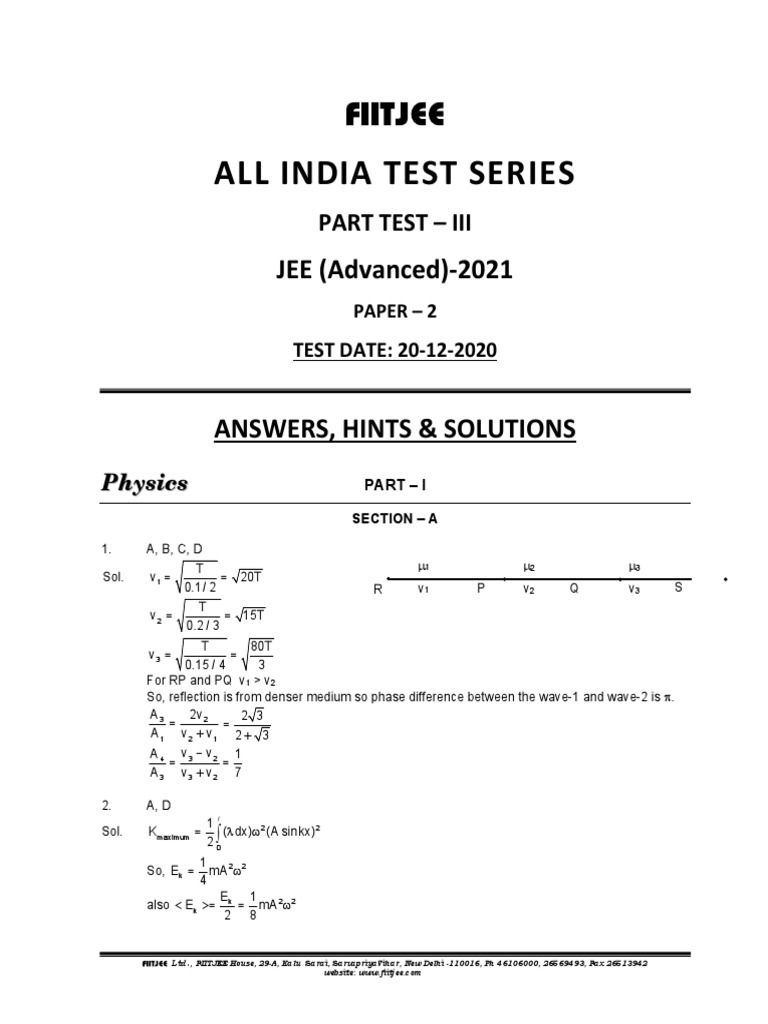 JEE Advanced 2021 AITS Part Test 3 Solutions | PDF | Solution | Solubility