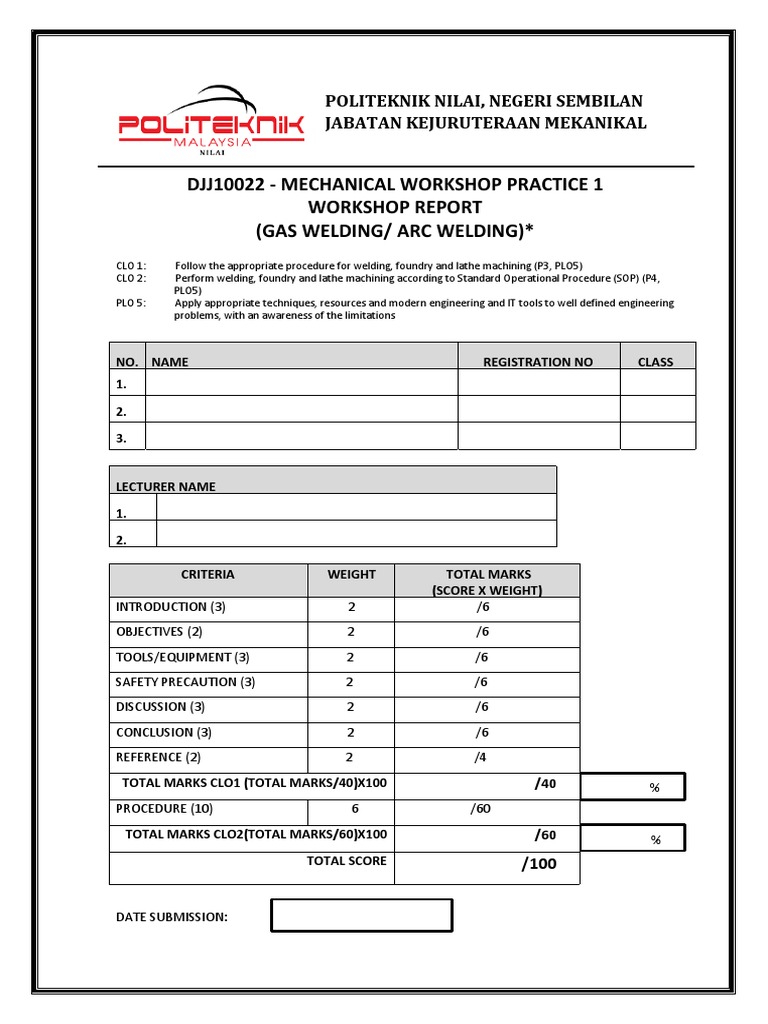 Djj10022 - Mechanical Workshop Practice 1 Workshop Report (Gas Welding ...