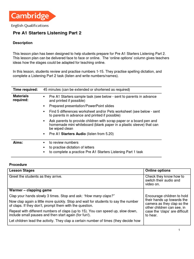 Pre A1 Starters Listening Part 2 PDF Worksheet Lesson Plan