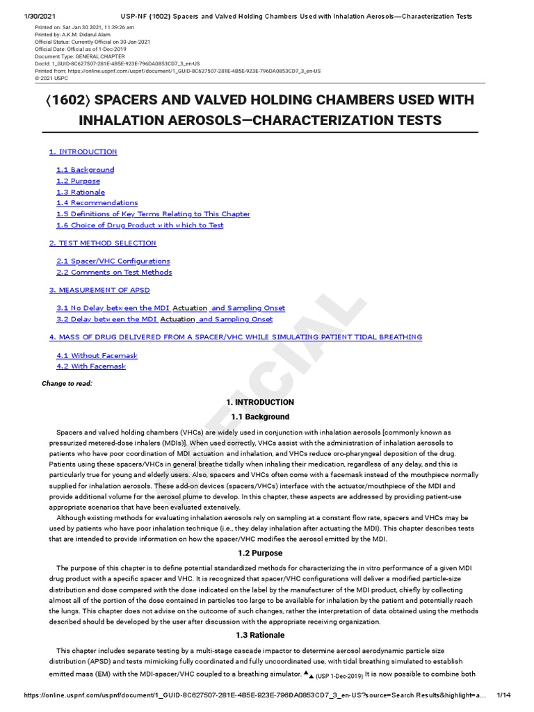 USPNF 1602 Spacers and Valved Holding Chambers Used With Inhalation AerosolsCharacterization