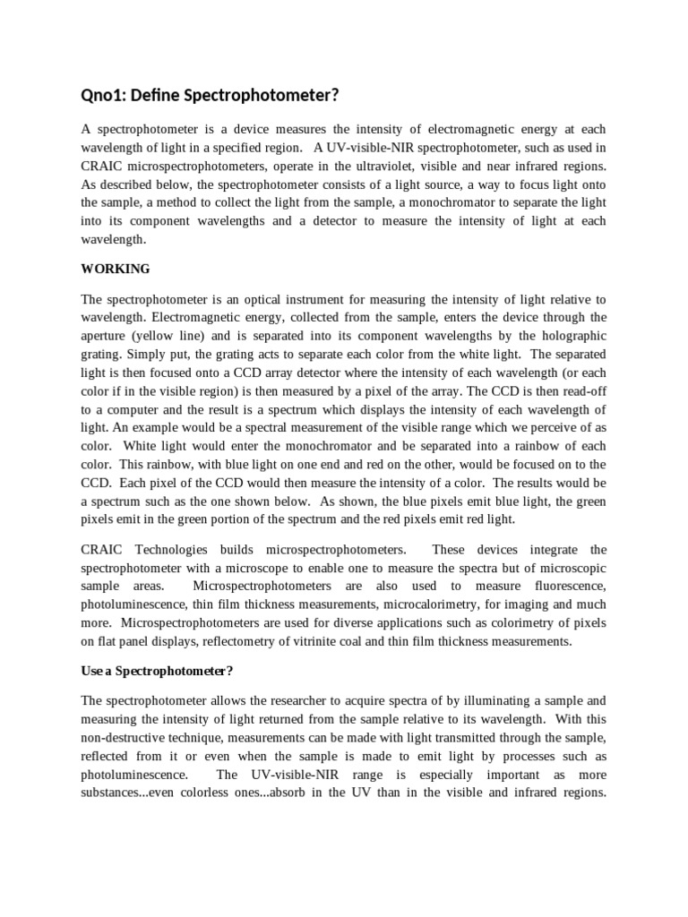 Qno1 Define Spectrophotometer? Working PDF Spectrophotometry Light