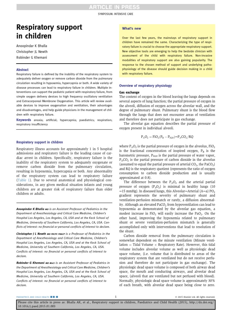 Pediatric Respiratory Support Strategies | PDF | Breathing ...