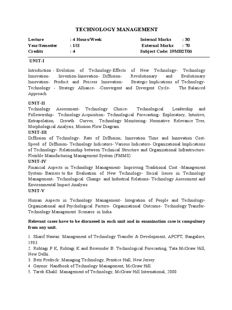 Technology Management Course Syllabus | PDF