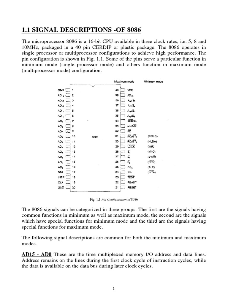 1.1 Signal Descriptions - of 8086 | PDF | Input/Output | Microcomputers