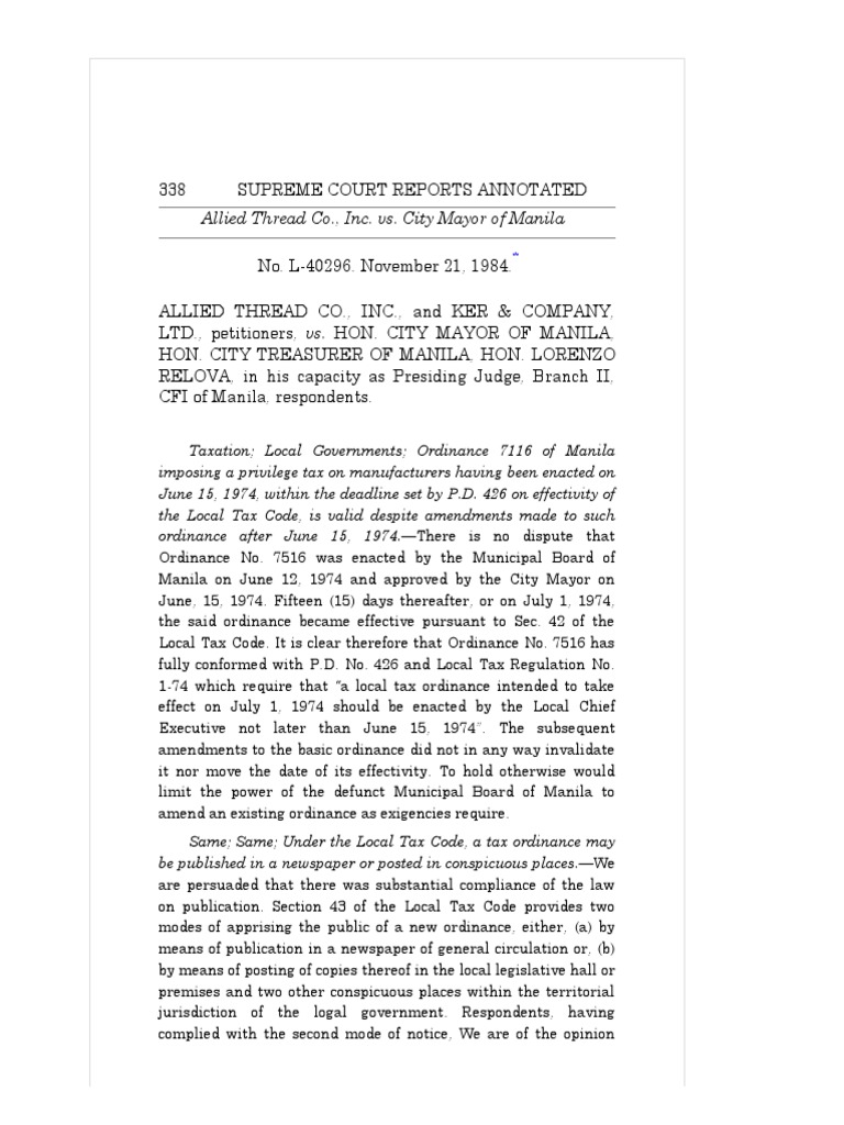 Allied Thread Co., Inc. vs. City Mayor of Manila, 133 SCRA 338 ...