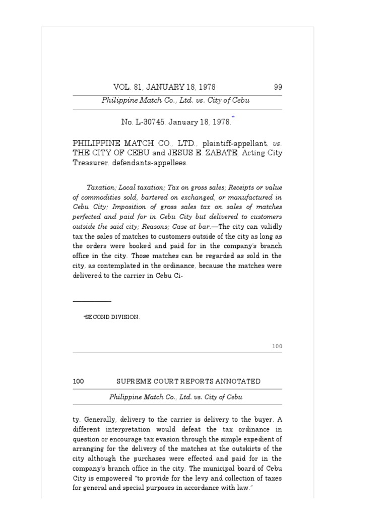 Philippine Match Co., Ltd. vs. City of Cebu, 81 SCRA 99, January 18