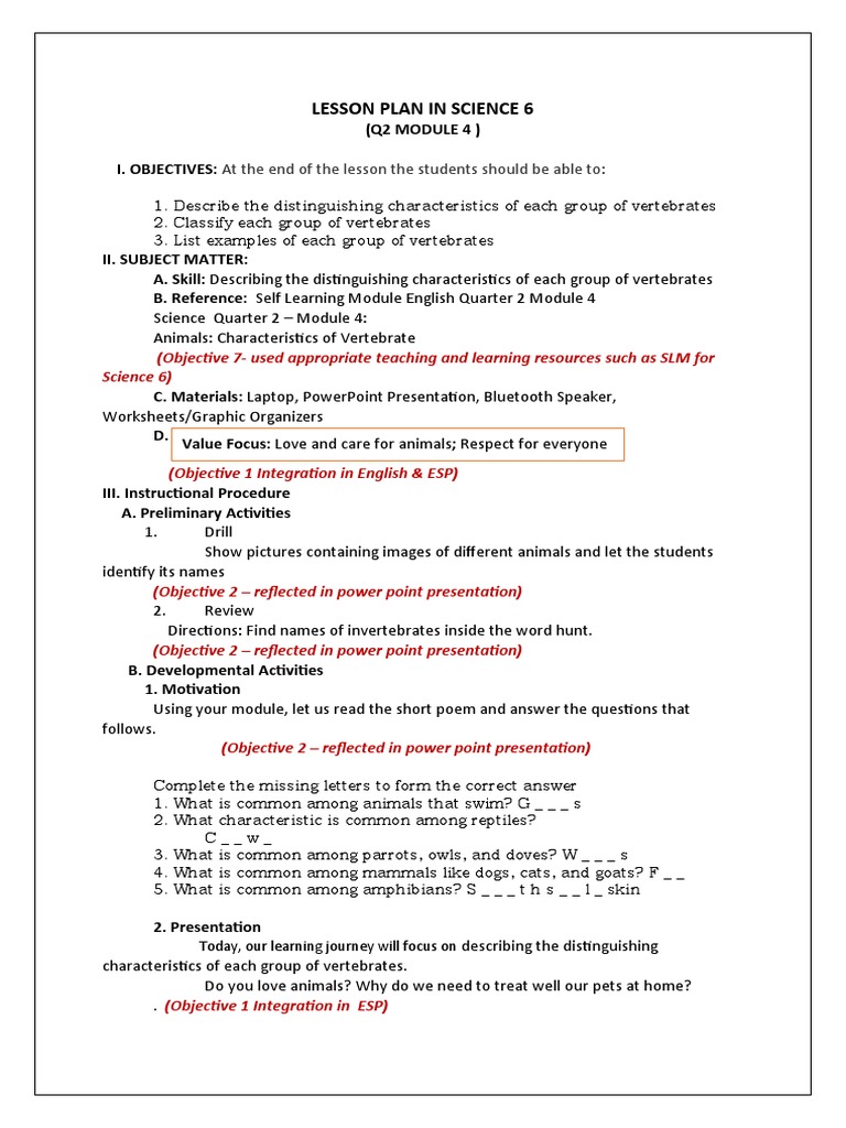 Grade 6 Vertebrates Lesson Plan | PDF | Vertebrates | Mammals