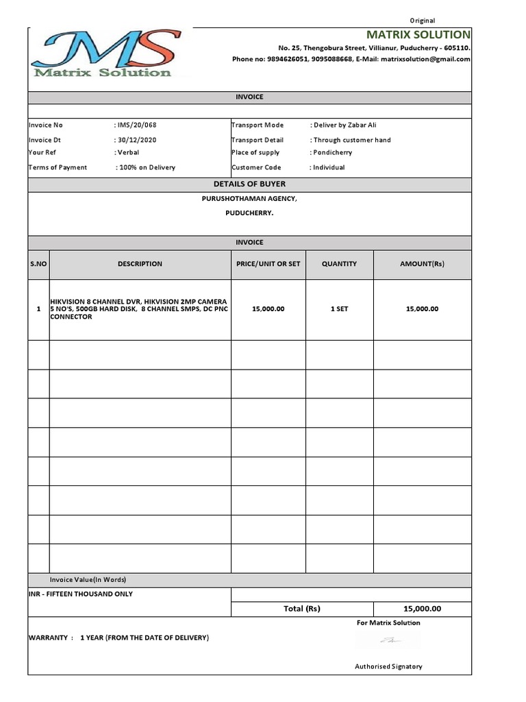 Invoice for Hikvision Security System | PDF