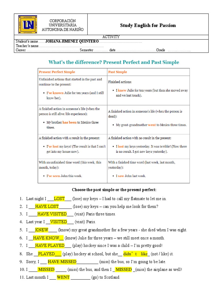Present Perfect VS Past Simple | PDF | Language Arts & Discipline