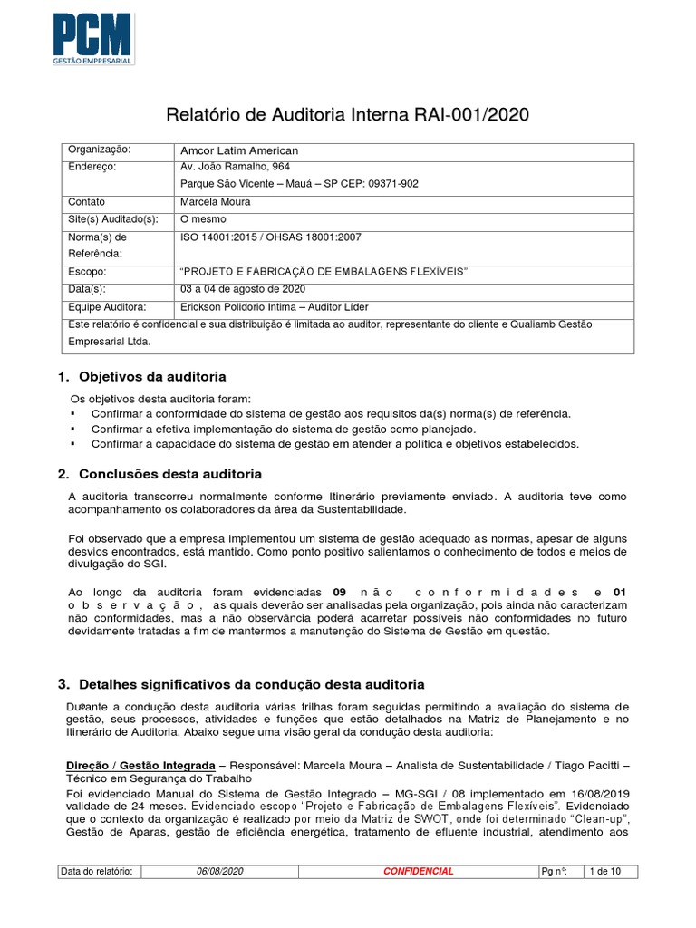 Relatório de Auditoria Interna - Amcor | PDF | Efluente | ISO 9000