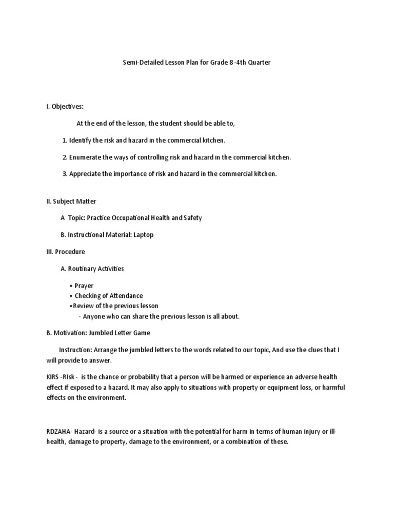 Kitchen Hazards in Grade 8 Lesson Plan | PDF | Hazards | Risk