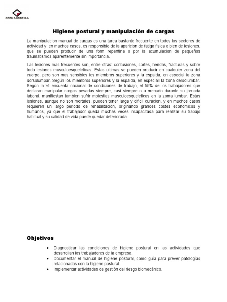 Higiene Postural y Manipulación de Cargas | PDF | Dolor lumbar | Lesión