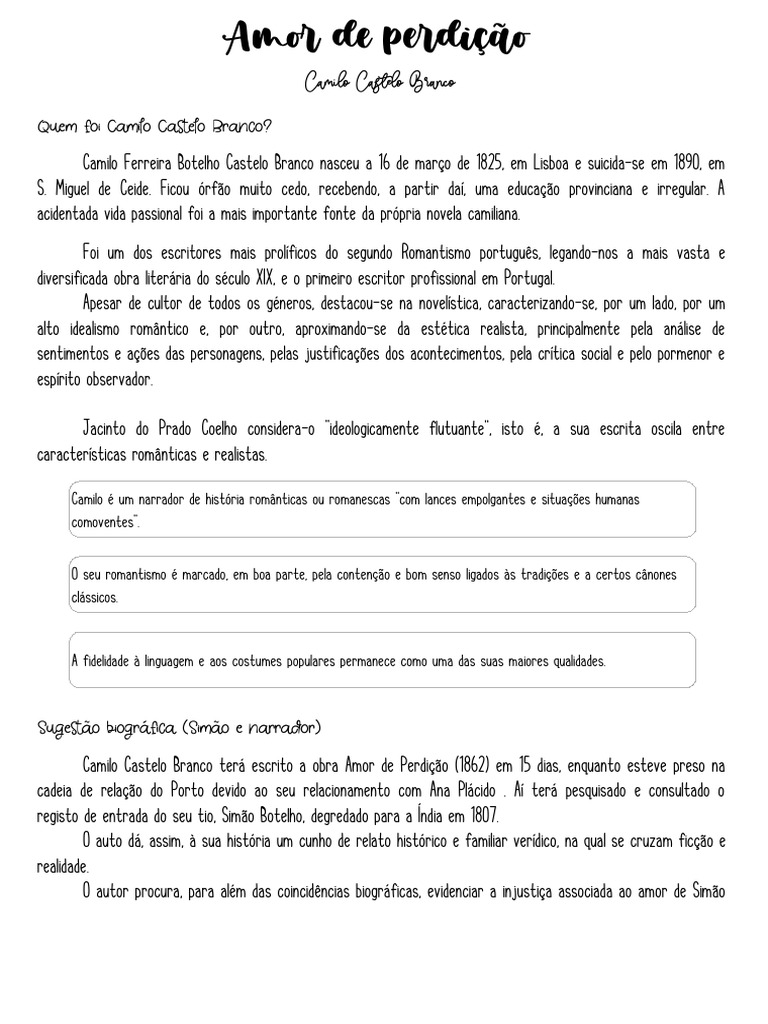 Camilo Castelo Branco e Amor de Perdição | PDF | Romantismo | Amor