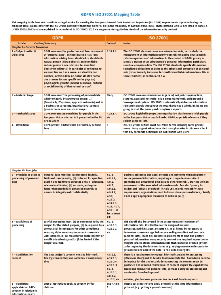 GDPR and ISO 27001 Mapping Overview | PDF | Regulatory Compliance | Privacy