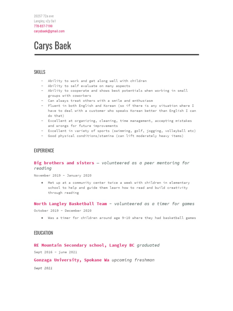 Carys Baek: Skills & Experience Summary | PDF | Career & Growth | Wellness