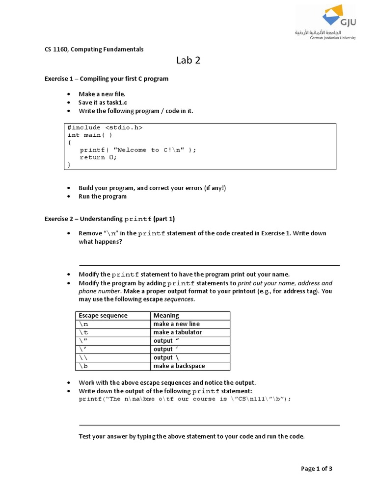 Exercise 1 - Compiling Your First C Program: Printf /N Printf | PDF ...