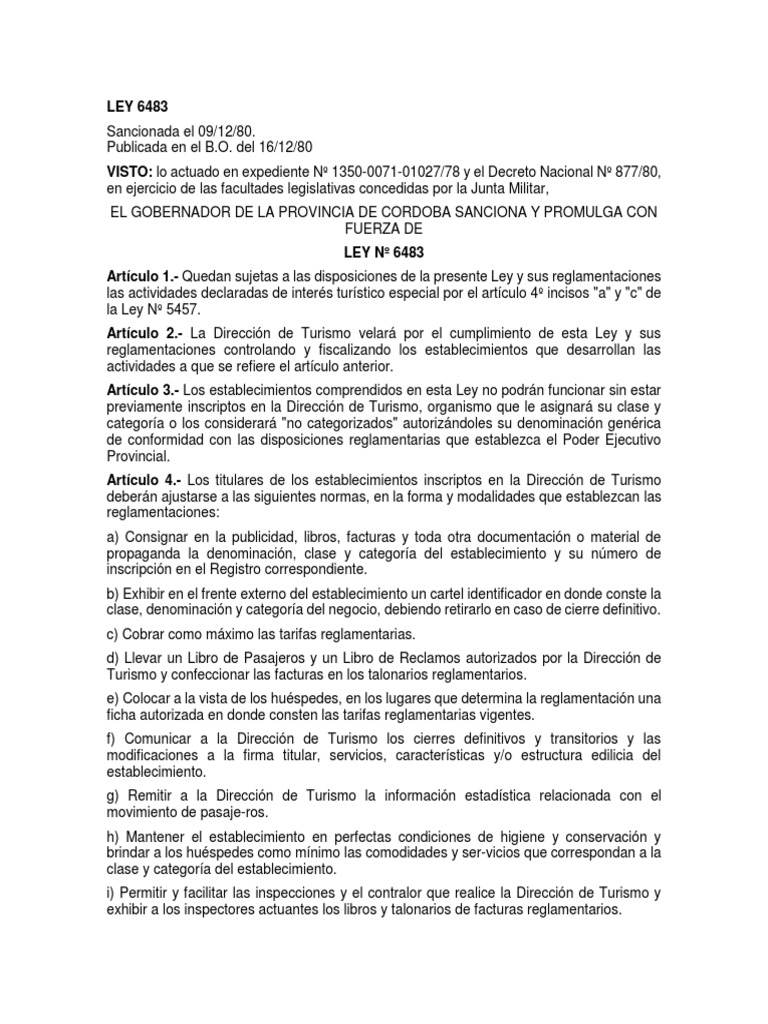 Ley 6.483 Ley de Alojamiento Turístico PDF Turismo y Ocio Turismo