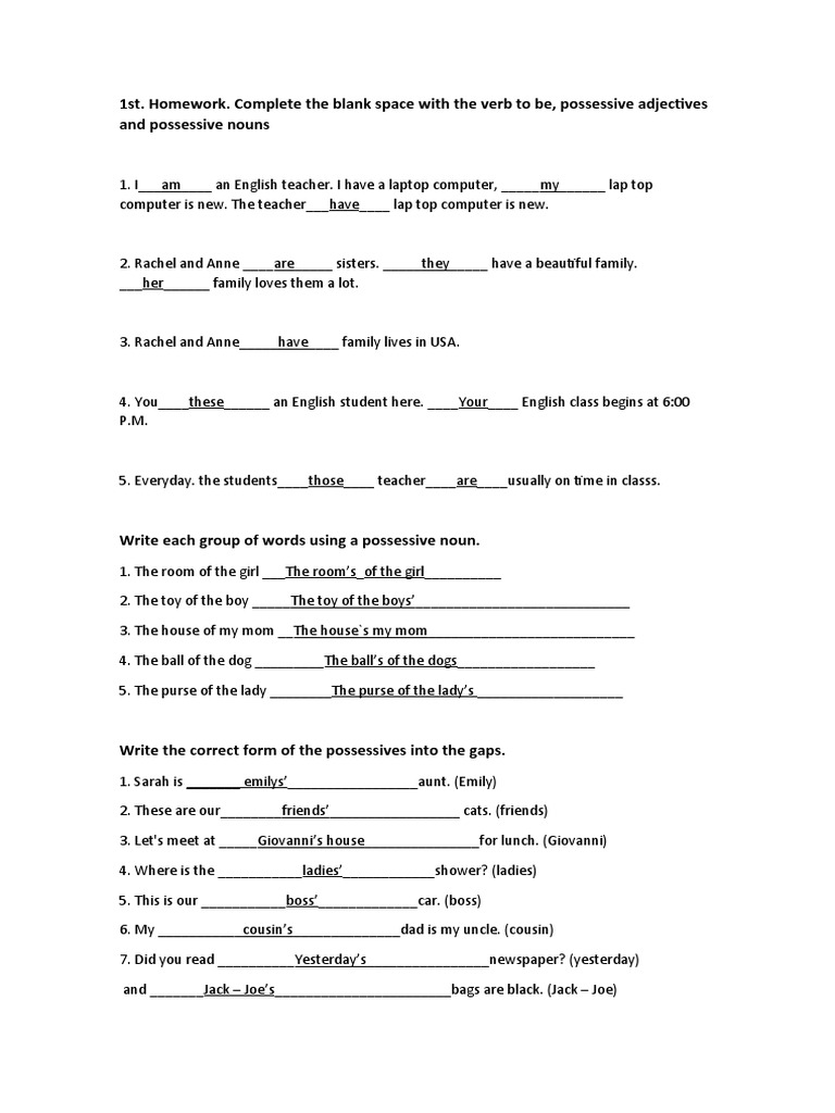 1st Homework Complete The Blank Space With The Verb To Be Possessive