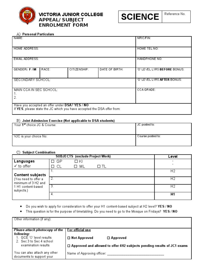 APPEAL SUBJ ENROL FORM (2011) Science | PDF | Vocational Education ...