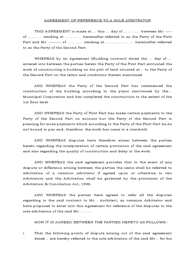 Agreement of Reference To Sole Arbitrator PDF Arbitral Tribunal