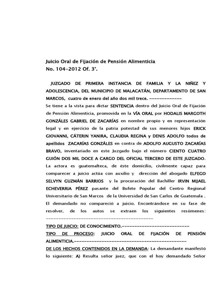 Sentencia de Juicio Oral de Alimentos | PDF | Pensión alimenticia