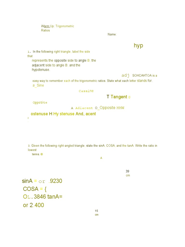 Answers Warm Up General Trigonometric Ratios | PDF | Trigonometric ...