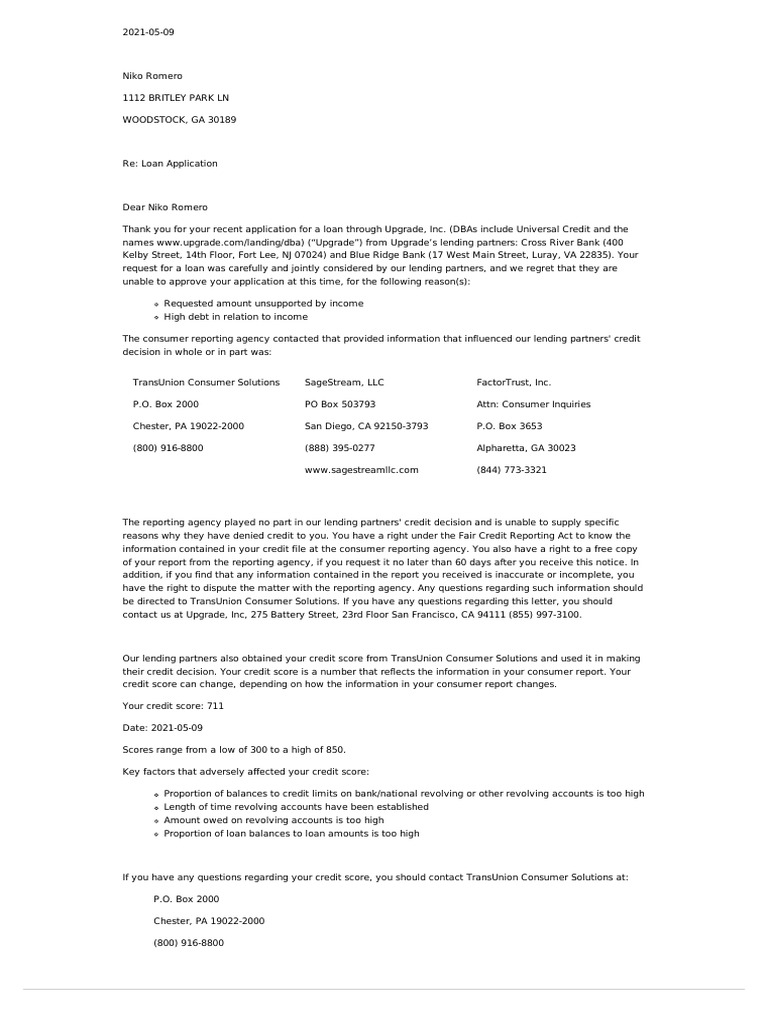 Adverse Action Notice PDF Credit Score Credit