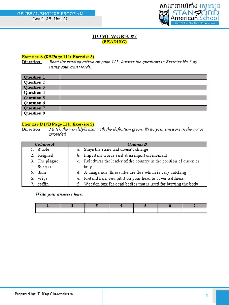 Homework #7: Read The Reading Article On Page 111. Answer The Questions ...