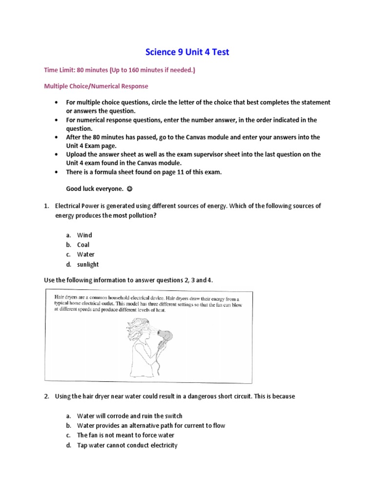 Science 9 Unit 4 Test: Time Limit: 80 Minutes (Up To 160 Minutes If ...