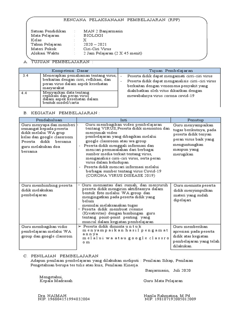 RPP Biologi Kelas X: Ciri-Ciri Virus | PDF