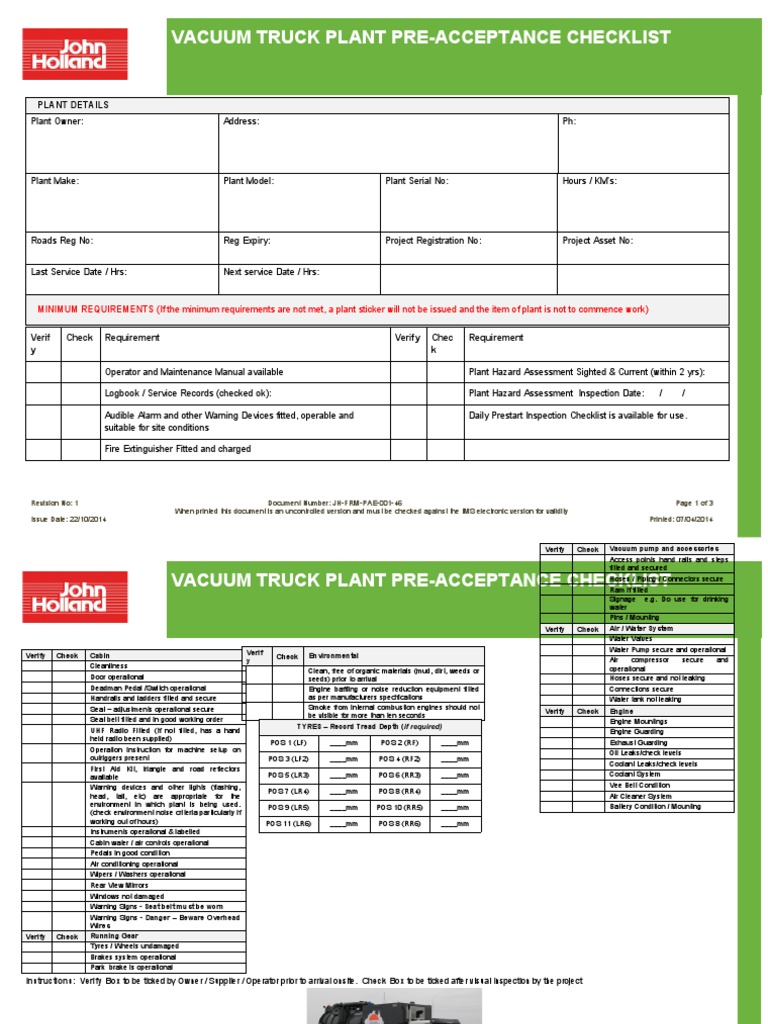 Vacuum Truck Plant PreAcceptance Checklist PDF Engines Tire