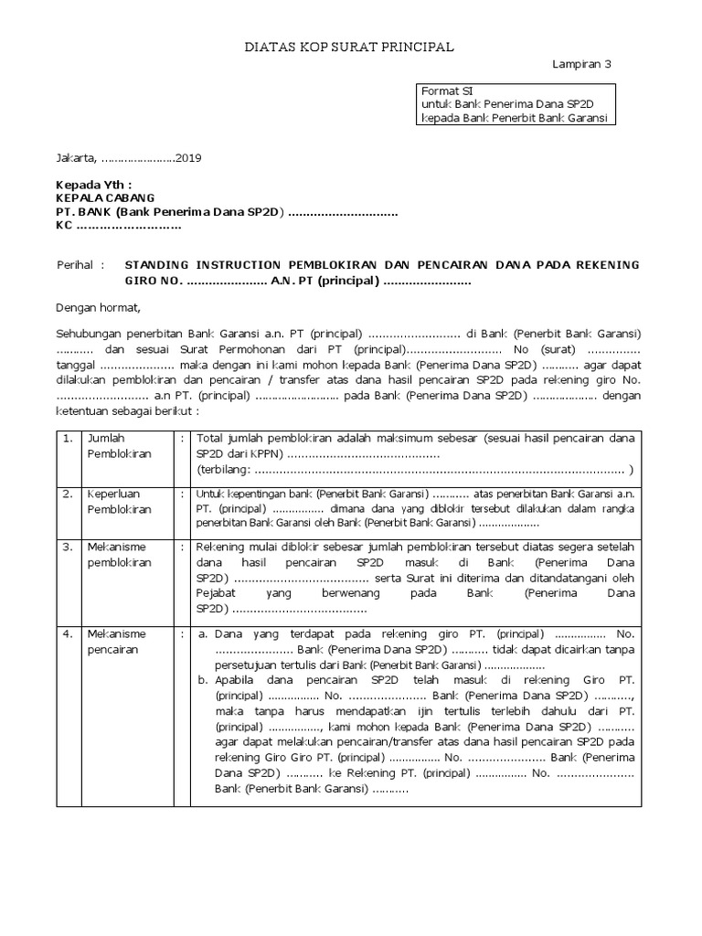 Contoh Surat Standing Instruction Bank | PDF | Pengelolaan Keuangan & Uang