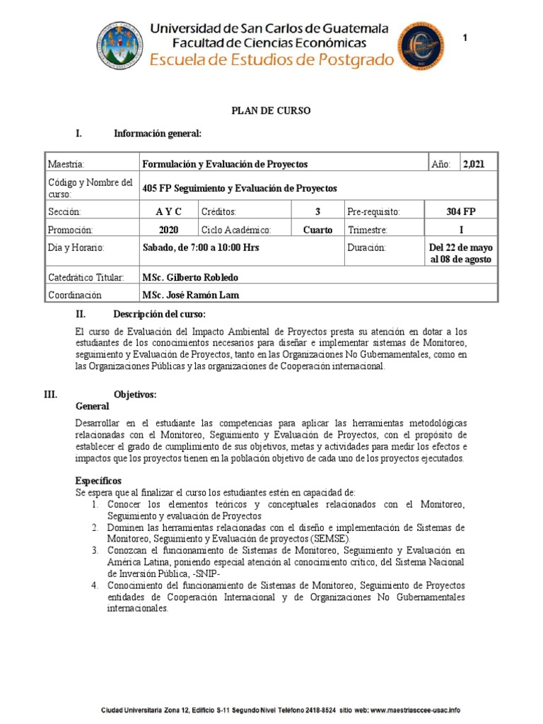 Plan Curso Seguimiento y Evaluacion de Proyectos 2021 | PDF | Monitoreo ...