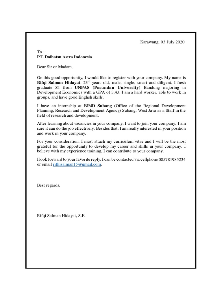 Surat Lamaran Kerja PT. Daihatsu Astra Indonesia | PDF